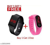 Black silicone square digital LED watch for kids, ideal for casual occasions. Two pieces included from India