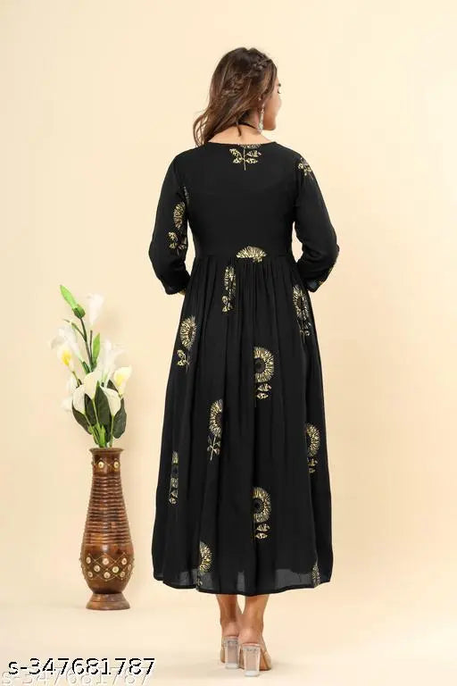 Black women's floral print viscose rayon angarkha kurta with three-quarter sleeves, printed combo