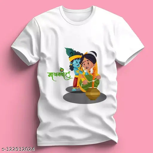 White Krishna polyester Janmashtami T-shirt with printed net Krishna Maakhanchor design, traditional Indian attire for festive celebrations