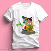 White Krishna Maakhanchor polyester t-shirt, Janmashtami festival themed, printed net design on short sleeves