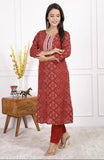 Maroon rayon embroidered bandej print kurta set with rayon bottom wear, party wear for women
