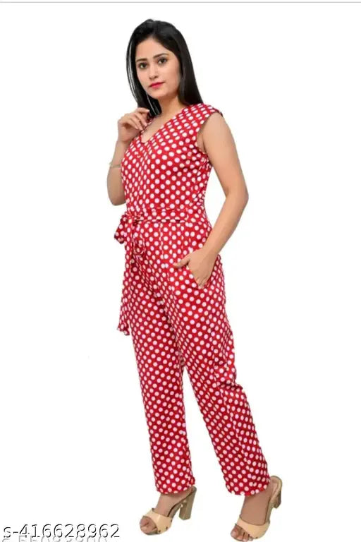 Red cotton blend sleeveless printed net jumpsuit for women - size S (36in bust, 48in length, 28in waist) - India