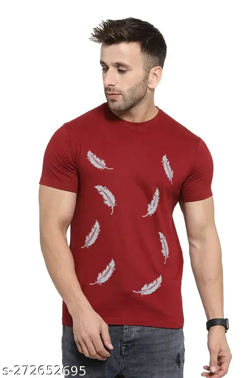 Trendy feather print round neck men's polyester t-shirt, premium quality cotton blend for comfort and long-lasting use. Available in various colors like black, yellow, sea green, maroon, and more. Made in India
