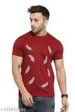 Trendy feather print round neck men's polyester t-shirt, premium quality cotton blend for comfort and long-lasting use. Available in various colors like black, yellow, sea green, maroon, and more. Made in India
