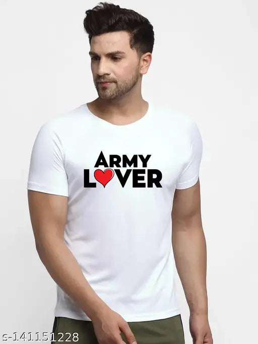 Men's white printed round neck Indian Army T-shirt, polyester fabric with short sleeves and army design, perfect for army lovers