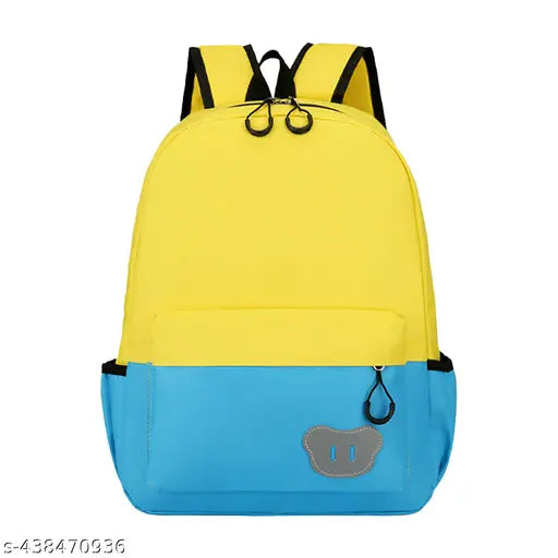 Small yellow & lake blue canvas backpack for children aged 2-3, vibrant design with smiling face, suitable for elementary school use