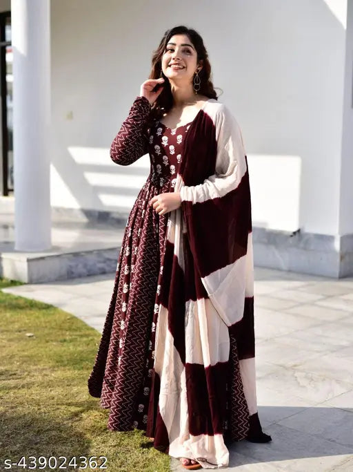 Rayon printed long sleeve gown from India, RM-Gown with sizes S to XXXL for women's formal wear