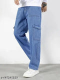 Denim 6-pocket jeans for men, solid color, available in sizes 28, 30, 32, 34 (28in/40in/34in, 30in/40in/37in, 32in/41in/38in, 34in/41in/41in), Indian-made men's casual wear on display