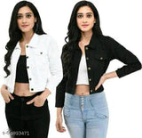 White cotton-blend jacket combo pack, two solid style denim jackets for women and girls, long sleeves, sizes S to XL
