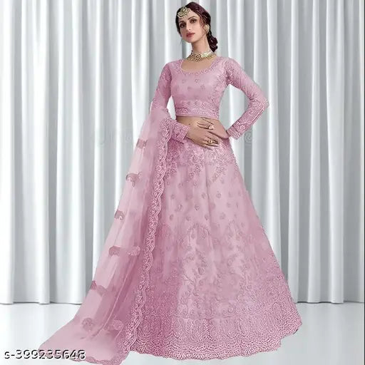 Embroidered net lehenga-choli set, Indian semi-stitched bridal wear with a 42in waist and 44in length