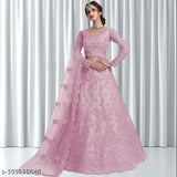 Embroidered net lehenga-choli set, Indian semi-stitched bridal wear with a 42in waist and 44in length