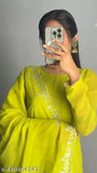 Lime green georgette anarkali gown with embroidered dupatta, perfect for festive occasions
