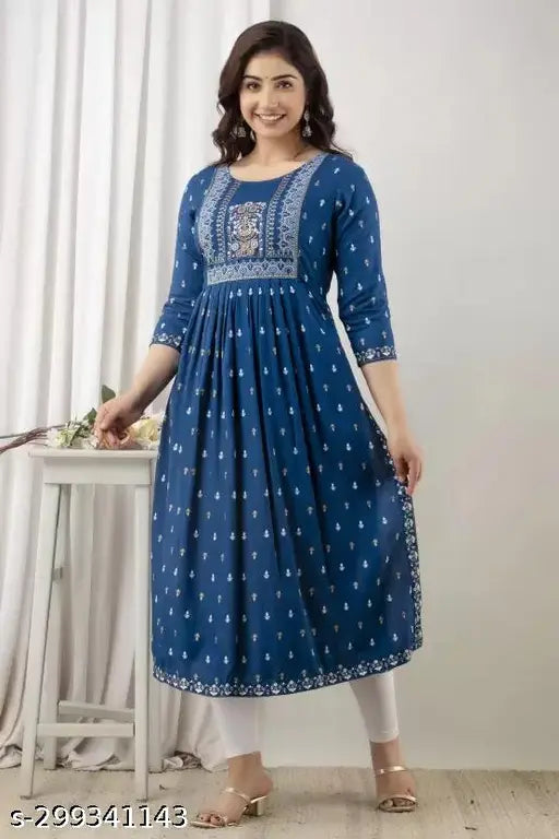 Purple rayon embroidered kurta with side slits and blue color block print, suitable for office or casual wear, India origin