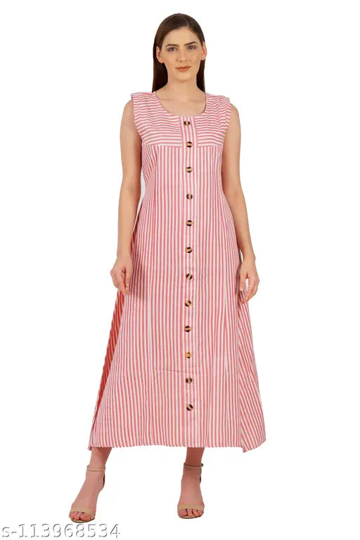 Orange cotton striped A-line sleeveless kurti, ideal for warm weather, made in India