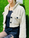 White wool teddy jacket, long sleeves, solid pattern, cropped design, size M (34" bust, 15" length)