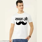 White pollypolyester t-shirt with Lf Yadav Ji Ki Mooch print for men, short sleeves, size S (36in x 27in), made in India