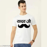 White polyester T-shirt with Lf Yadav Ji Ki Mooch print for men, short sleeves, size S (36"x27")