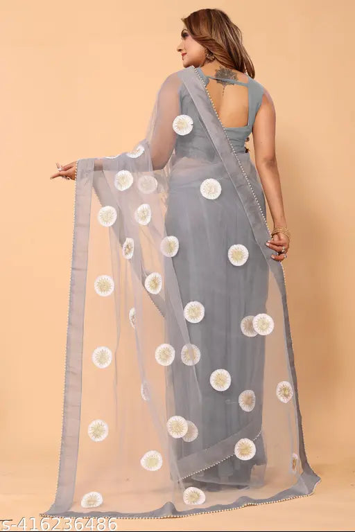 Elegant floral embroidered net saree with unstitched blouse piece, Indian festive wear in free size, lightweight and comfortable
