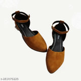 Brown velvet ankle strap flats for parties and daily wear, peach color, stylish and comfortable footwear