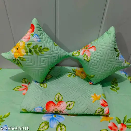 Multicolor Heavy Glace Cotton 5-Piece Bedding Set (90x100 inches), includes Double Bedsheet, Quilted Cushion with Zip, Pillow Covers & Cushion Fillers - ideal for adult use in summer