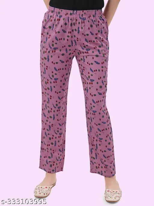 Olive print rayon maxi pyjama for women - lightweight and comfortable with a back pocket