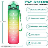 Multicolor BPA-free Tritan water bottle (1 liter), leakproof with time markings and flip-top lid. Ideal for gym, office, sports, or school use
