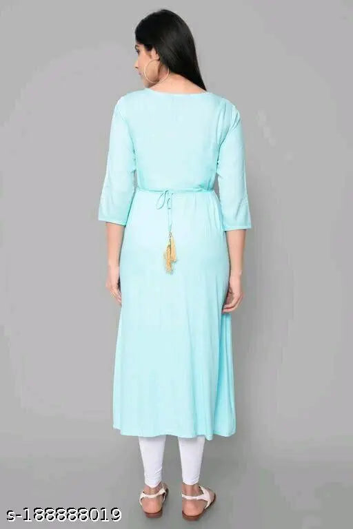 Indian embroidered viscose rayon anarkali kurta, three-quarter sleeves, perfect for office or special occasions. Soft against the skin, ideal for daily wear." (106 characters)