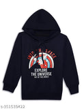 Navy Blue printed hooded cotton fleece sweatshirt for boys, long sleeves, casual wear on model