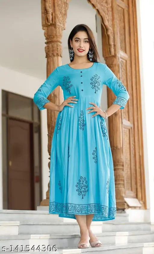 Aqua blue rayon anarkali kurti for women - traditional hand block printed, vibrant ethnic wear in three-quarter sleeves