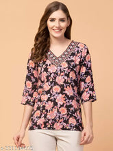 Black rayon floral printed women's top, small size (25") from Hive91, India
