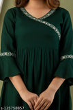 Dark green rayon bell sleeve top with embroidered net, three-quarter sleeves - women's fashion from India