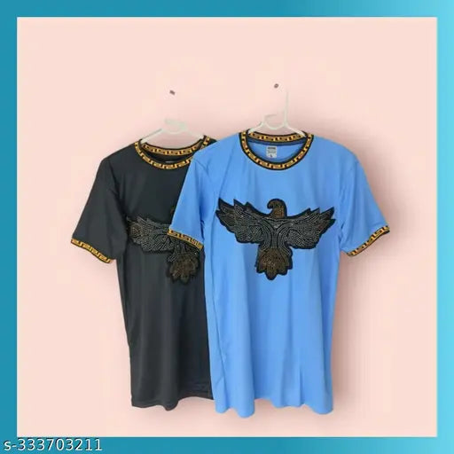 Elegant Lycra men's T-shirt combo pack of 2, featuring self-design net pattern and short sleeves, perfect for various occasions and seasons. Made in India with high-quality stitching and round neck design