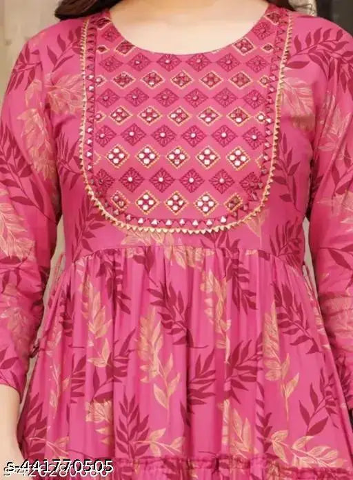 Pink rayon Anarkali style kurti with printed leaf design, perfect for everyday wear and festive occasions
