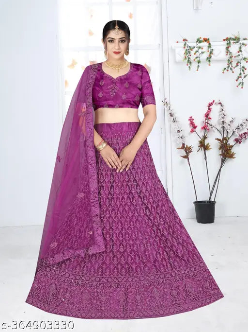 Heavy dark embroidered lehenga for women, free size with net top & bottomwear, India origin
