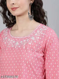 Calf-length embroidered rayon Anarkali kurta, three-quarter sleeves, vibrant Indian print. Soft rayon fabric for all seasons
