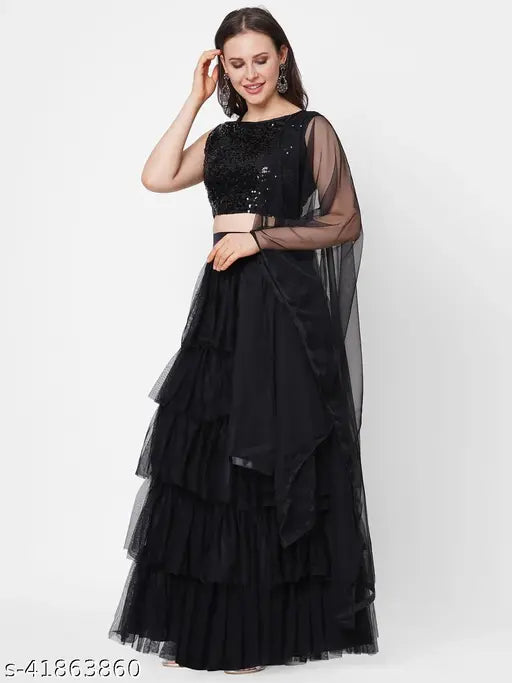 Embellished black net lehenga set (top & dupatta), semi-stitched for Indian women, Vaksha brand, from India