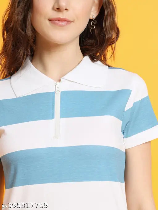 Striped cotton knit t-shirt for women, half zip opening at front, made in India" (102 characters)