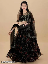 Black embellished Lehenga Choli and Dupatta set for girls, Art Silk and Net fabrics with floral stitch, semi-stitched ethnic wear from India (Black Pack of 1)