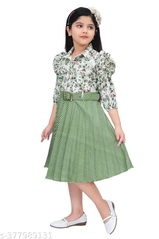 Short sleeve crepe pleated party dress for girls (6-7 yrs, 8-9 yrs), printed net pattern, India