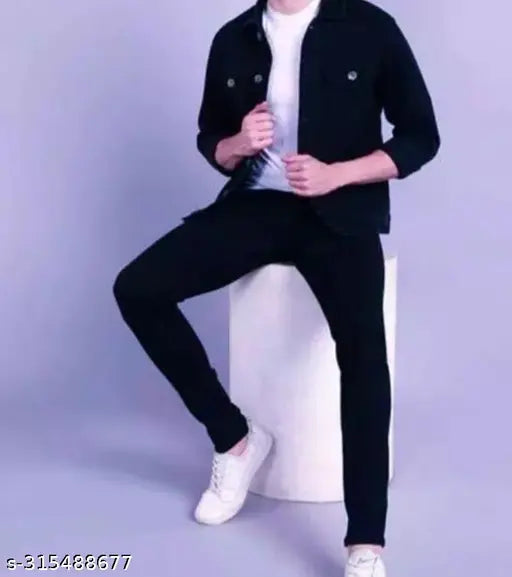 Cotton blend, plain black jeans for men - size 28, 30, or 32 on display