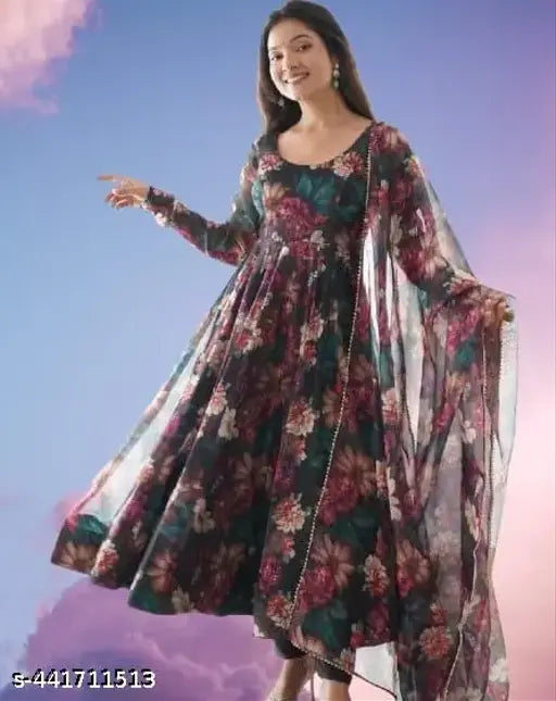 Vrunda black georgette gown, long sleeves, printed net, Indian bridal wear