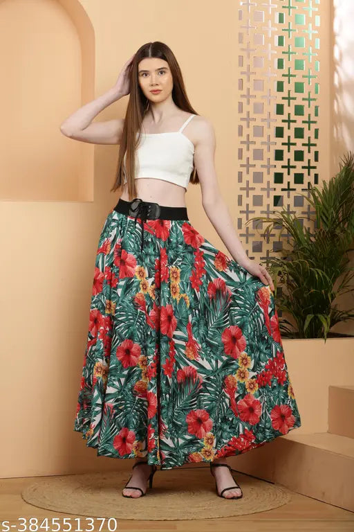Neoen 2024 multi floral print crepe skirt, vibrant Indian-made fashion for women size 28, 30, 32, or 34