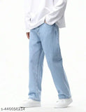 Wide-leg denim jeans for men, solid blue color, size 32 (28" waist, 41" length, 38" hip)