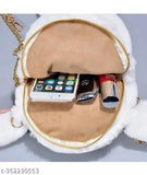 Dark brown faux leather sling bag for kids & girls, features fur kitty design & adjustable strap, one spacious compartment, convertible chain style, handmade in China