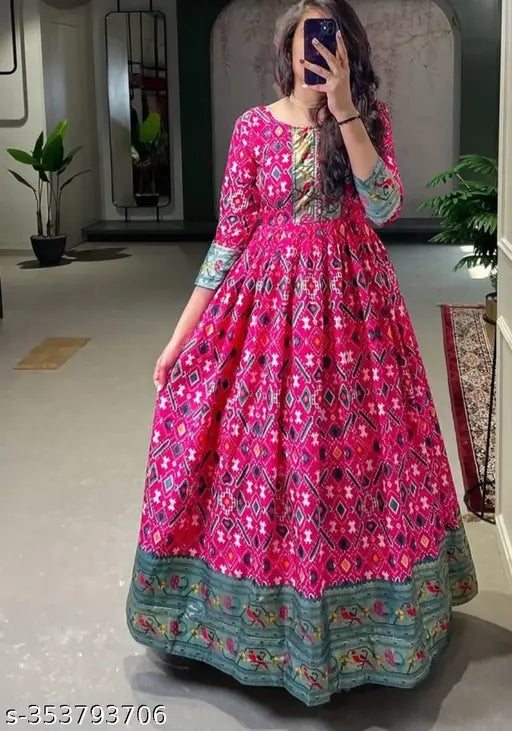 Rayon designer printed kurta with three-quarter sleeves, vibrant Indian pattern. M (Bust 38in, Length 52in), XXL (Bust 44in, Length 52in)