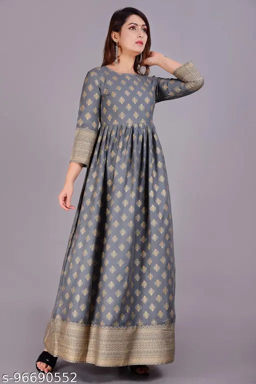 Emperus women's rayon three-quarter sleeve printed kurta in grey and gold, ankle length, Indian print design