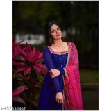 blue bandhni Georgette maxi dress with mirror work, embellished net duppata for casual wear, made in India