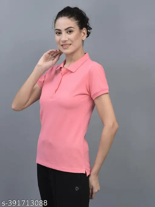 Dollar Women's pink cotton-blend polo neck t-shirt with short sleeves, ideal for athleisure wear