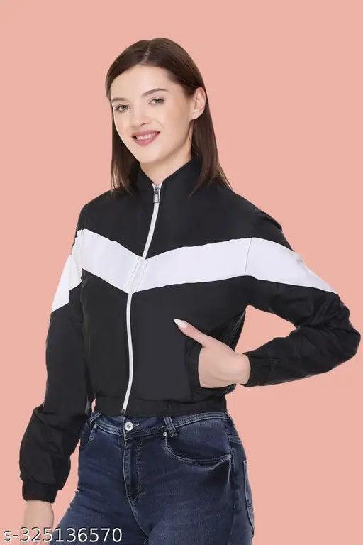 White Moon women's crop windcheater jacket, full sleeves, nylon, printed net, black