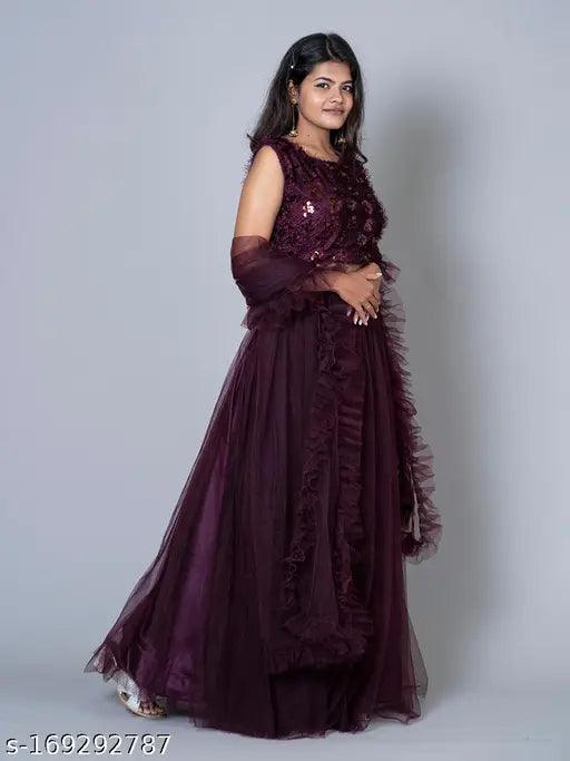 Jute Silk & Net Ruffle Lehenga Choli Set, embellished top in wine color with matching dupatta and padded blouse, Indian-inspired indo-western fashion